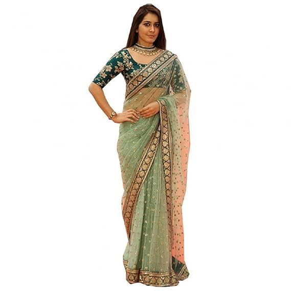 Soft Net Embroidered Green saree With Blouse Piece