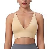 Womens Deep V-Neck Longline Sports Bra, Strappy Criss Cross Padded Cups Adjustable Spaghetti Straps Workout Yoga Crop Top