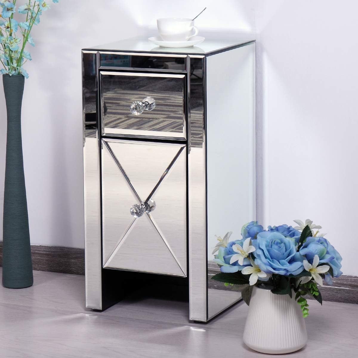 Lazymoon Small Mirrored End Table 2 Drawer Nightstand Bedside Table Storage Accent Cabinet Silver Home Kitchen Furniture