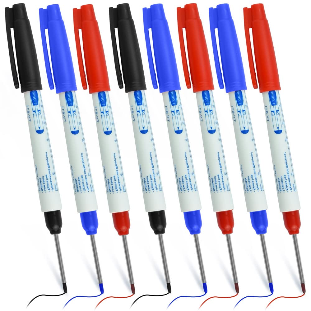SNAGAROG 8 Pcs Deep Hole Marker Pens 30mm Extra Long Nib Markers Permanent Carpenter's Markers Long Head Deep Hole Marker Marking Tool for Marking Hard To Reach Places(Black Blue Red)