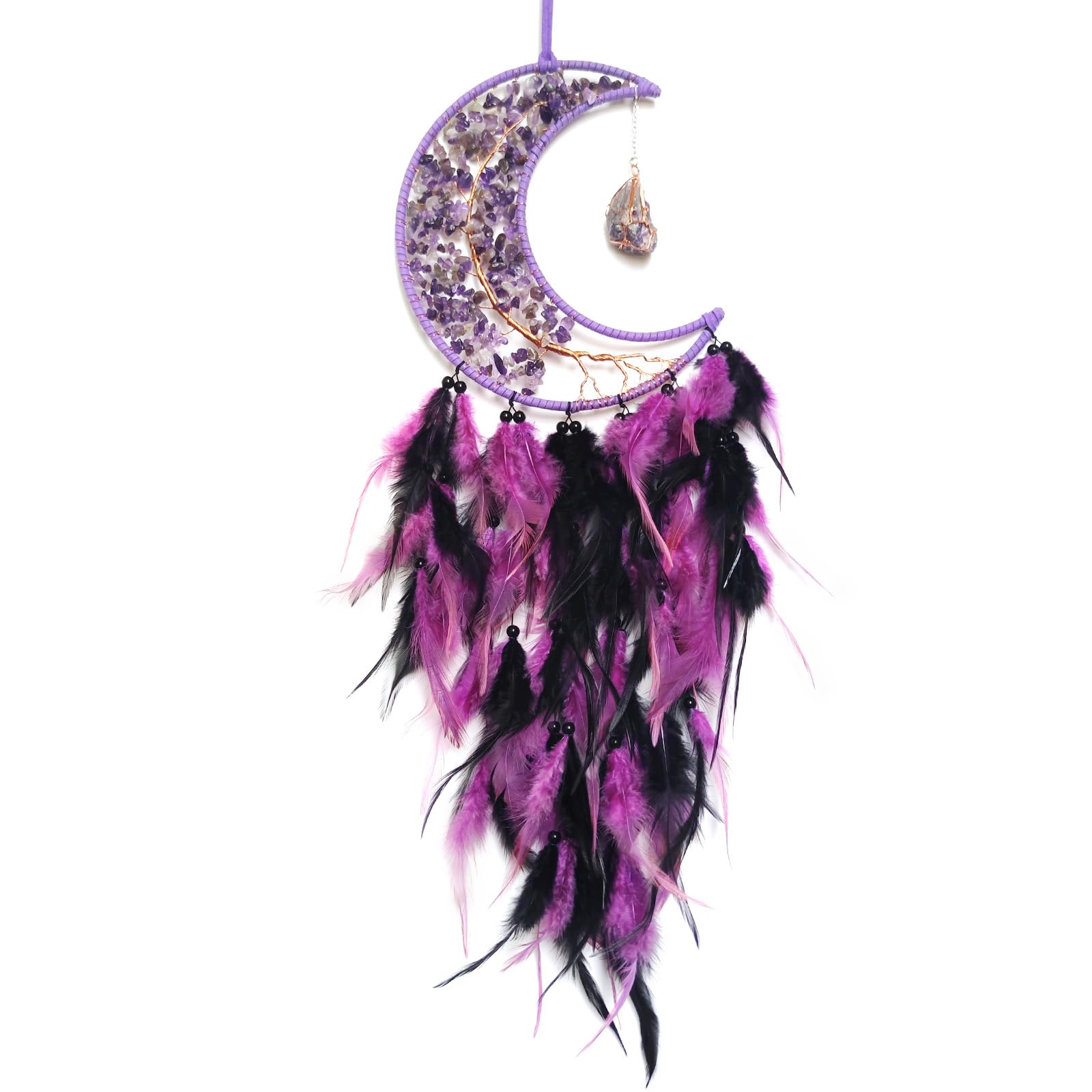 Donko Purple and Black Large Moon Dream Catcher Tree of Life Dream Catchers with Stone Pendant Handmade Feather Dreamcatcher Wall Hanging Ornament for Bedroom Living Room Home Decor