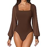 Avidlove Women Puff Long Sleeve Bodysuit Mesh Square Neck Thong Sexy Body Suits Double Lined Leotards