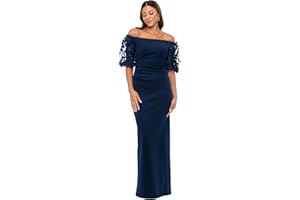 Xscape Womens Techno Scuba Off the Shoulder Floral Short Sleeve Floor Length DressSpecial Occasion Dress