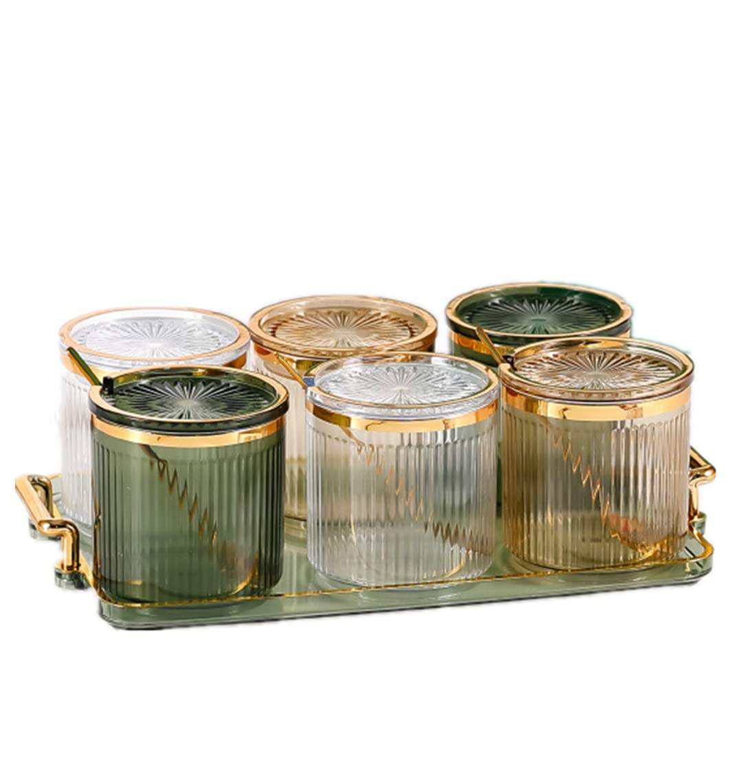 Photo 1 of Acrylic Condiment Spice Jars,Condiment Spice Box With Lids and Spoons and Tray,Clear Plastic Condiment Canisters,Seasoning Box 6 Pack,Seasoning Box Set for Kitchen to Storage Salt,Paprika,Sugar