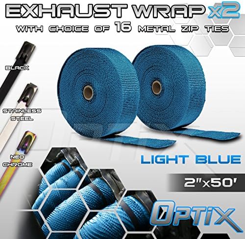 Optix 2" (W) x 50' (L) Thermal Header Exhaust Wrap Kit - Heat Shield Tape with Stainless Steel Zip Ties - 2 Rolls - Light Blue