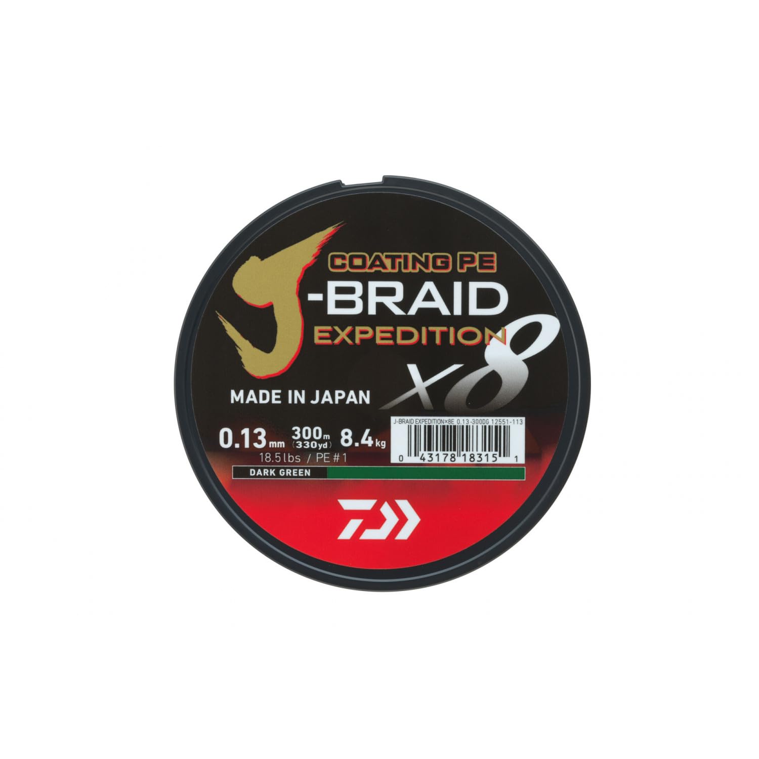 DAIWA J-Braid Expedition X8E, 0.28mm, 26.4kg/58.3lbs, 300m, Dark Green, Braided Fishing Line, 12551-128