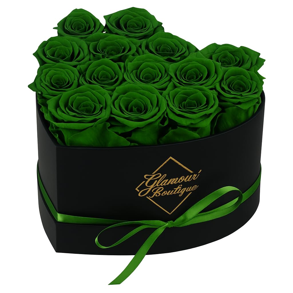 GLAMOUR BOUTIQUE 16 Flower Forever Heart Shape Box, Eternal Preserved Roses Gift for Her, Lasting Flowers, Romantic Floral Keepsake for Birthday, Anniversary or Valentine’s Day, Green (Color-Treated)
