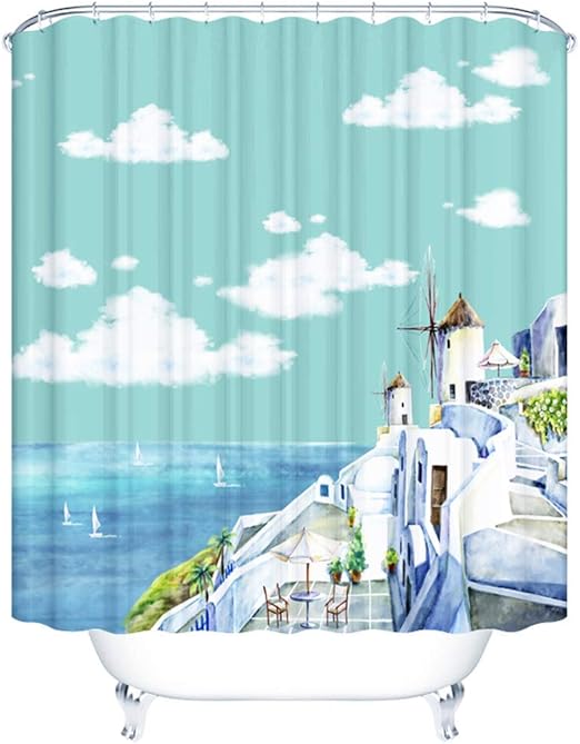 Amazon Com Joocar Bathroom Decor Shower Curtain Sea Gulls Flying In The Sea Of Love Seaside Houses Natural Scenery With Clouds Flying In The Sky Blue Cyan Home Curtain Sets With Hooks Polyester