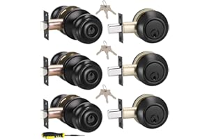 Lanwandeng （3 Sets） All Keyed Alike Entry Door Knobs and Single Cylinder Deadbolt Lock Combo Set, Security for Entrance and Front Door with Classic Flat Ball Matte Black Finish