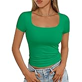 AUTOMET Womens Square Neck Double Lined Tops Going Out Short Sleeve Crop T Shirts Summer Clothes Basics Tee