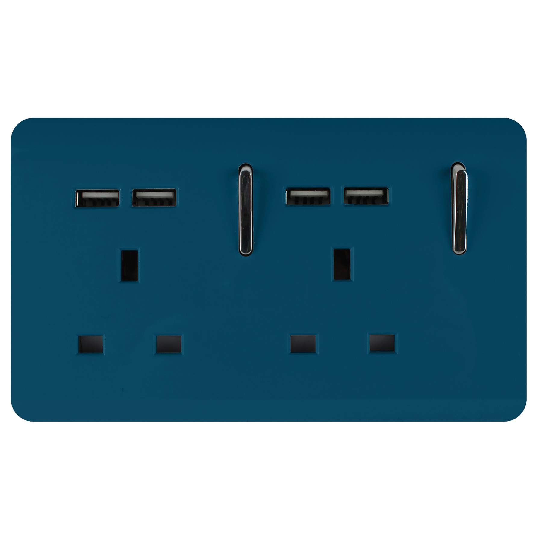Trendi 2 Gang Artistic Modern Glossy Screwless Raised 13 Amp 240v Short 4 USB Type A Charging Points Double Chrome Switched Electrical Wall Plug Socket Midnight Blue - ART-SKT213USBMD