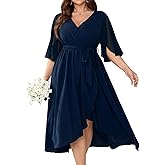 CICIDUDU Plus Size Formal Wedding Guest Cocktail Dress for Curvy Women Flutter Sleeve Faux Wrap V Neck Midi Dresses
