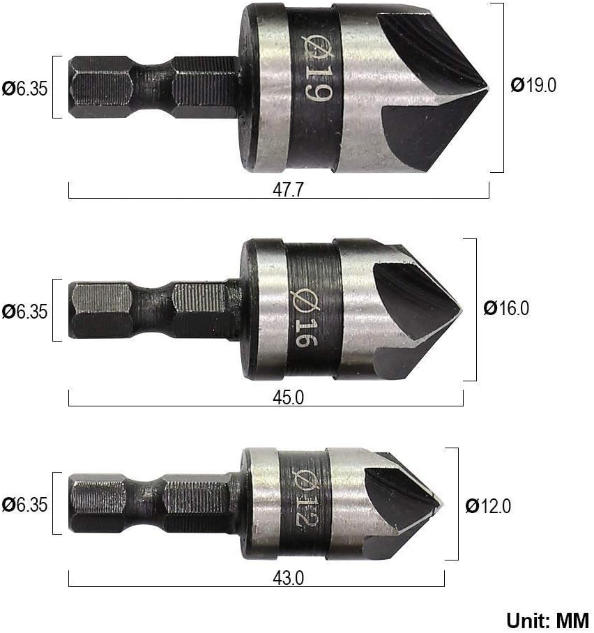 Gasea 3pcs 1/4 Inch Hex Shank 5 Flute 90 Degree Chamfering Countersink Drill Bit Set 12mm 16mm 19mm - Image 4
