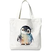 LIANGW Cute Animal Canvas Tote Bag for Women Teens Girls, Fox Sea Otter Penguin Giraffe Reusable Grocery Bags Shopping Bags