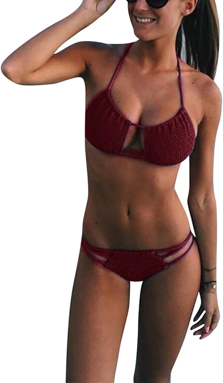 NAFLEAP Smocked Bandeau Halter Sexy Keyhole Bikini Brazilian Thong Swimsuit for Women