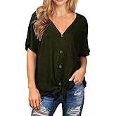 IWOLLENCE Women's Waffle Knit Tunic Blouse Tie Knot Short Sleeve Henley Tops Loose Fitting Bat Wing Shirts