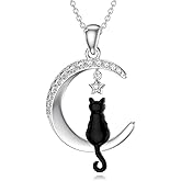 LWXIE Diamond Moon Star and Black Cat Pendant Necklace for Women 925 Sterling Silver Lab Grown Diamonds Jewelry Gifts 0.17 Cttw D Color VVS Clarity