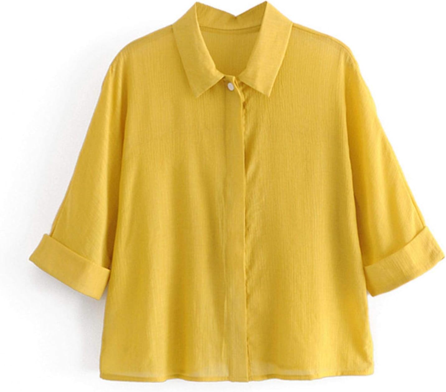 Casual Yellow Color Women Shirt Sleeve Loose Home Blouse Turn Down
