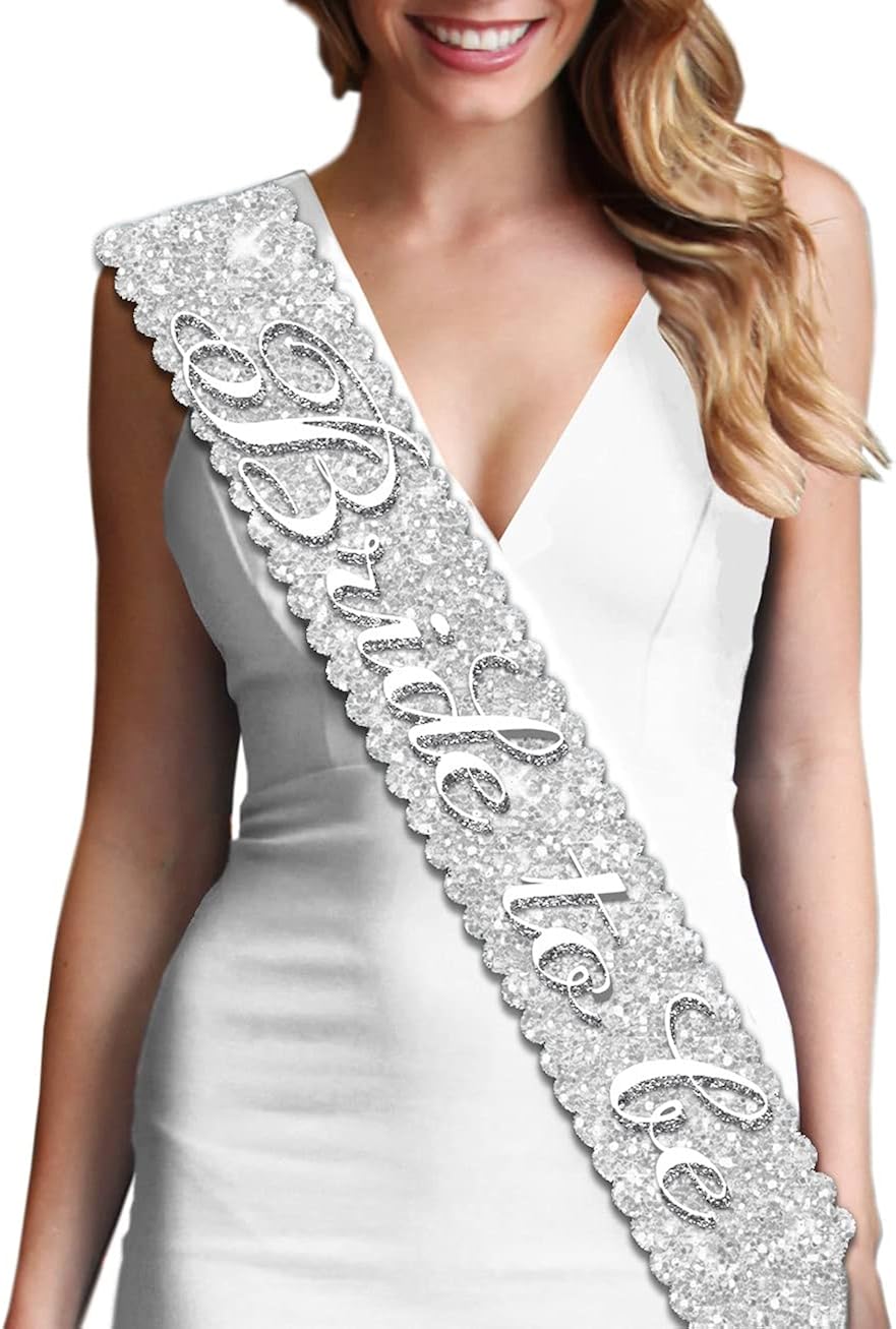 Bride To Be Sparkle Silver Sash - Premium BRIDAL Scalloped Sash for Bachelorette Party - Bridal Shower Decorations & Supplies - Silver: Clothing