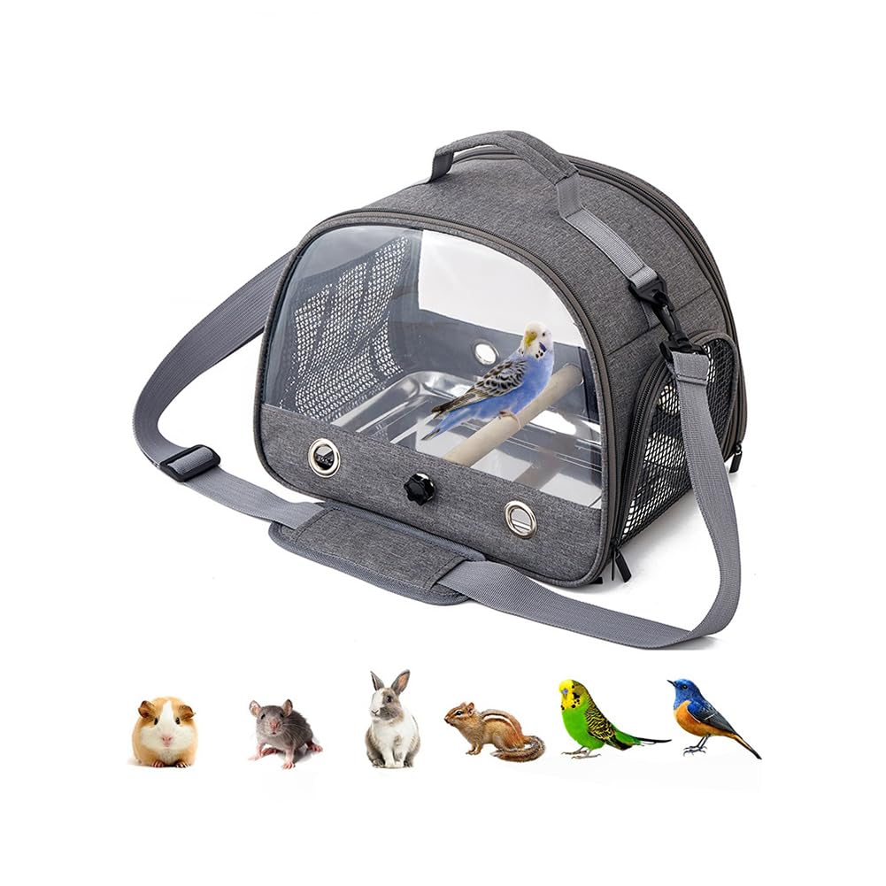 CuteHairy Bird Travel Carrier with Stainless Steel Tray,Lightweight Breathable Parrot Cage with Removable Wooden Stand Stick And Long Shoulder Strap,Bird Cages for Parakeets Budgie Grey