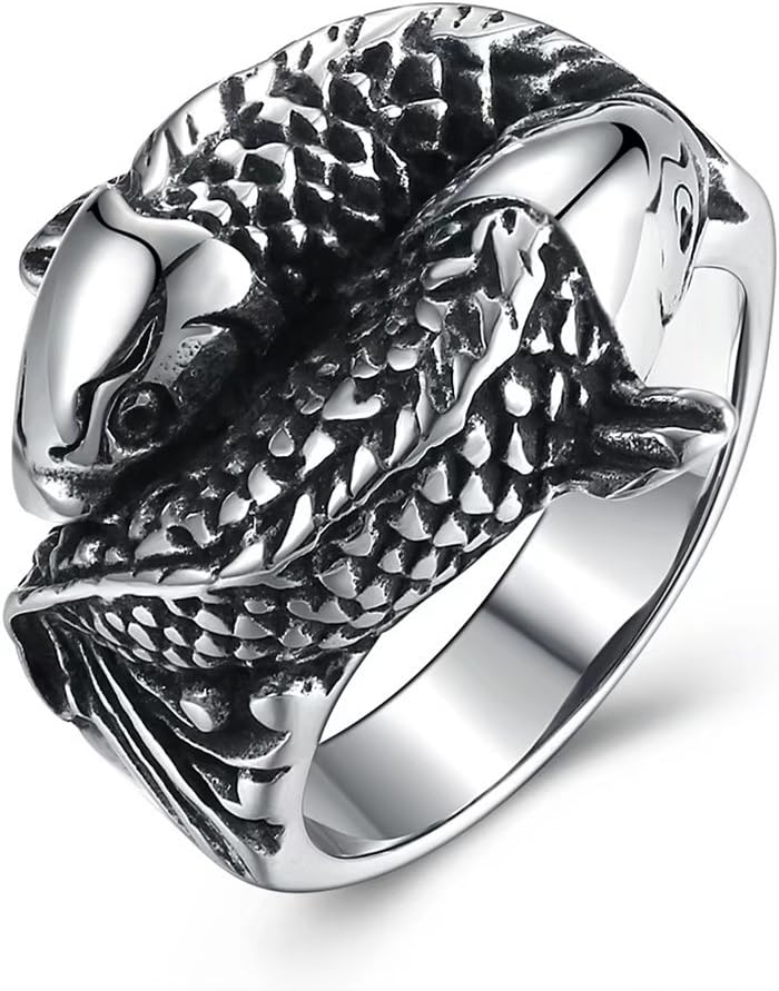 FENDINAMen's Cool Stainless Steel Cross Japanese Style Koi Carp Man Boy Punk Biker Ring Bands