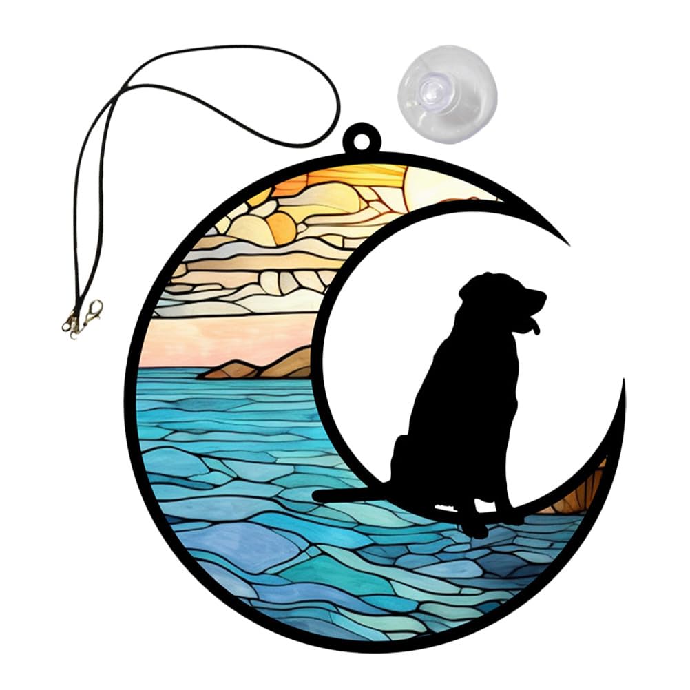 BESPORTBLE Dog Stained Glass Window Hanging Dog Memorial Loss of Dog Sympathy for Dog Lovers Cute Puppy on Moon Decor Dog Bereavement A