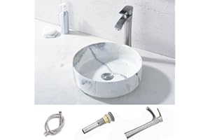 Round Marbling Bathroom Vessel Sink with Faucet - HLBLFY 14.2 Inch Round Black White Marble Coated Porcelain Ceramic Vessel Vanity Sink Art Basin& Brushed Faucet Combo
