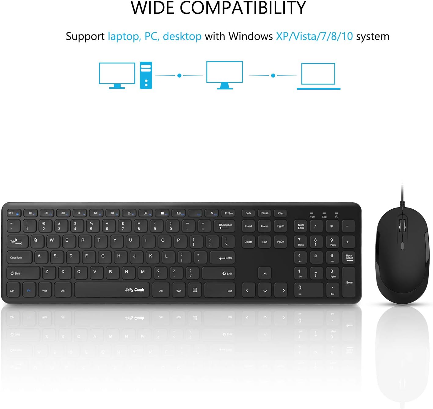 Wired Keyboard and Mouse, Jelly Comb Ultra Thin Full Size USB Wire Corded Keyboard Mouse Combo Set with Number Pad for Computer, Laptop, PC, Desktop, Notebook, Windows 7, 8, 10 (Black): Computers & Accessories