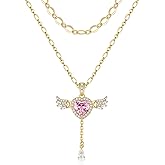 MEIITRUE Angel Heart Necklace for Women Trendy,14k Gold Plated Dainty Layered Necklaces Set Cubic Zirconia Love Drop Pendant with Movable Wings Personalized Choker Chain Jewelry Gifts for Her