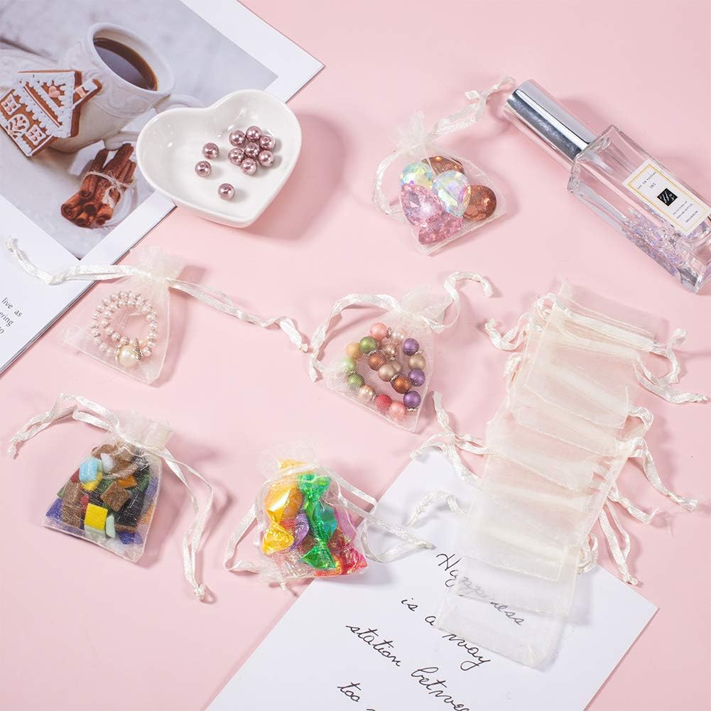 NBEADS 100 Pcs Small Organza Bags Wedding Favour Party Gift Bags Jewelry Pouches, 2.75" x1.96", White - Image 5