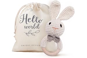 Youuys Wooden Baby Rattle Toys, Easter Bunny Rattle for Baby Crochet Bunny Rattle Toy Natural Wood, Shaker Rattle for Hand Grips, Boy Girl First Rattle Gift, Newborn Gifts (Bunny)