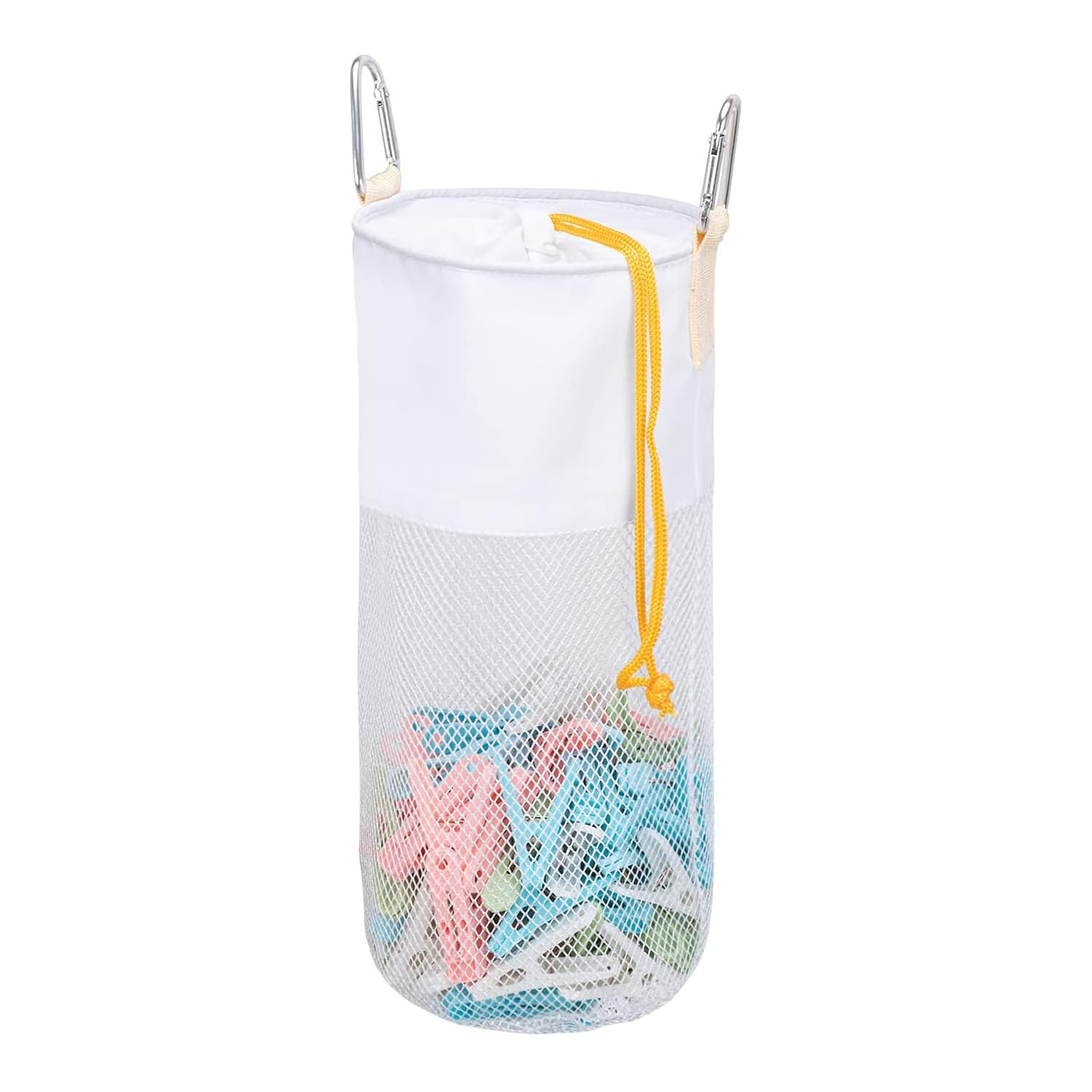 GNEGNI LIFE Pegs Bag, Mesh Clothes Pegs Bag for Washing Line with Hook Drawstring Hanging Clothespin Bag Portable Breathable Pegs Holder Bag,Holds Up to 300 Pegs(White)