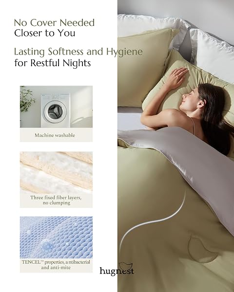 HUGNEST COMFORTER SET QUEEN SIZE SAGE GREEN – LUXURY SOFT TENCEL COTTON BED SET, BREATHABLE LIGHTWEIGHT COMFORTERS FOR ALL SEASONS, 3 PIECES, 1 COMFORTER (90″X90″) AND 2 PILLOW CASES (20″X30″)