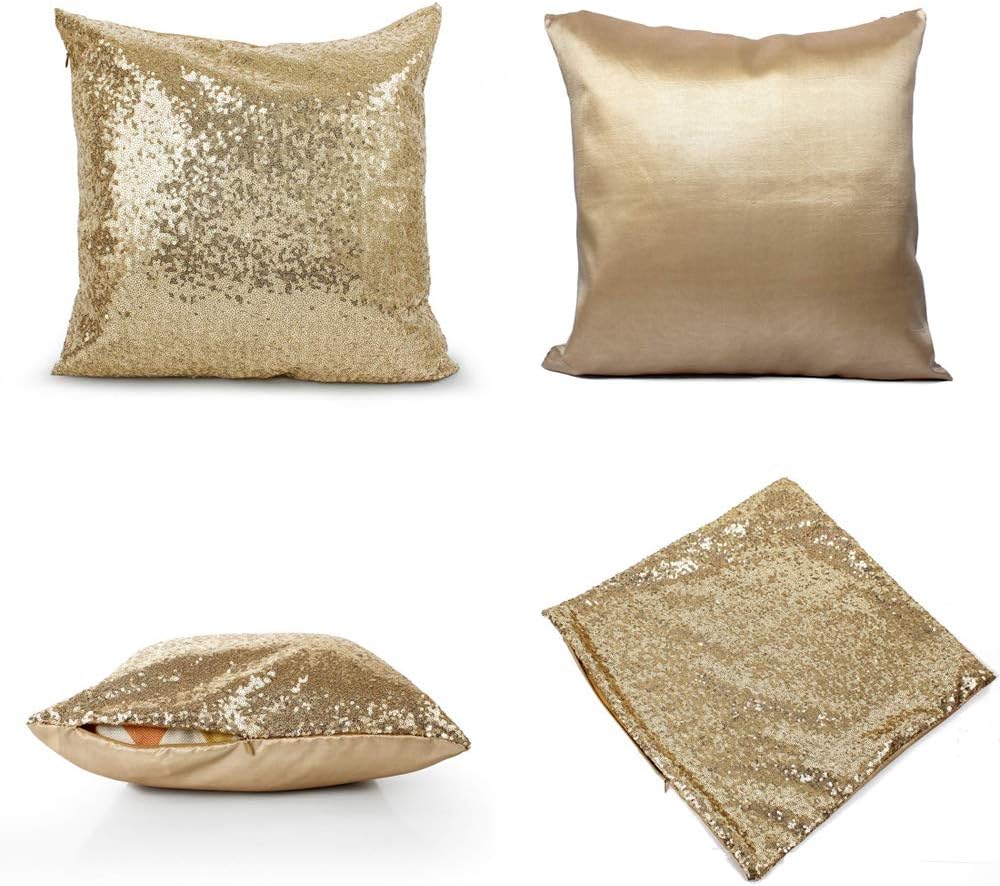 BSSN Gold Cushion Covers 18 x 18 Inch, Solid Color Glitter Sequin Shining Satin Pillow Cases, Gold Square Pillow Covers Set 45 x 45 cm for Sofa Livingroom Bedroom Car, Set of 4