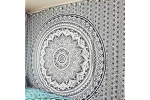 Bless International Indian Traditional Mandala Hippie Wall Hanging, Cotton Tapestry Ombre Bohemian Bedspread (Queen (84x90 Inches)(215x230 Cm), Grey/Black)