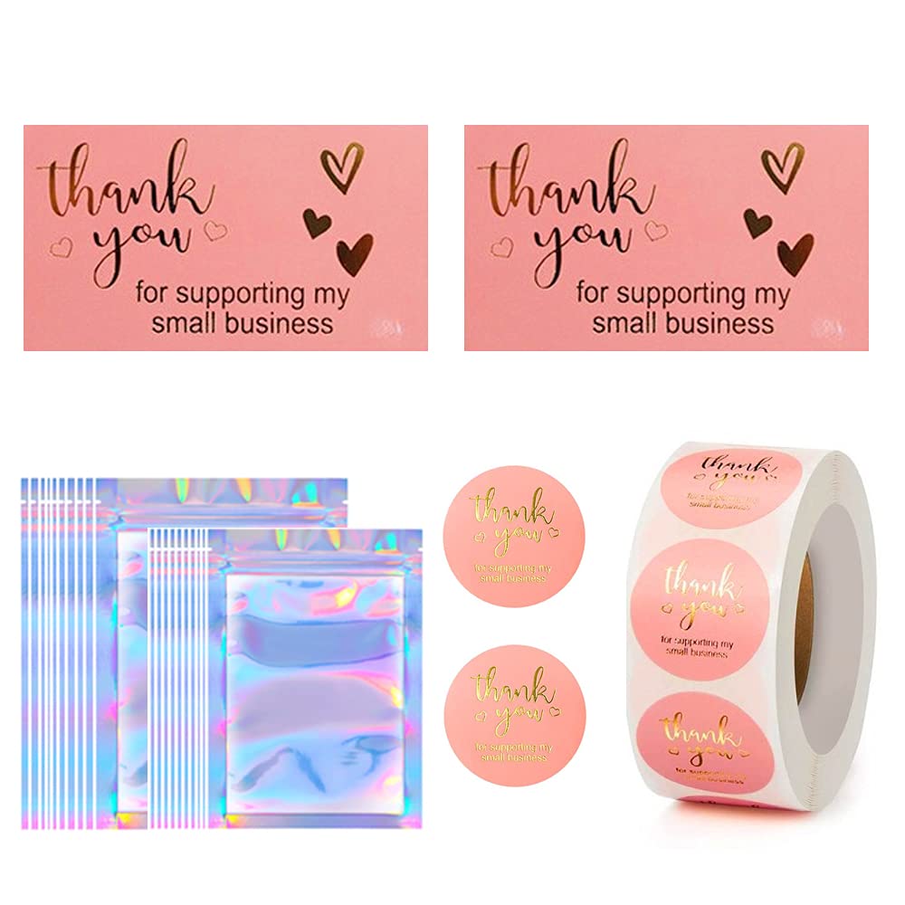 100 Pieces Thank You Cards, 500 Pieces Thank You for Supporting My Small Business Stickers, 20 Pieces Resealable Packaging Bags for Small Business Stuff