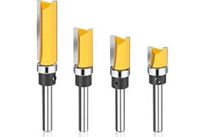 Junreox 4PCS Flush Trim Route Bit 1/4 Shank, Premium Pattern Flush Cut Route Bit with Bearing to Prevent Tear-Out, Straight Cut Carbide Tipped Template Router Bit for Woodworking, Milling, Trimming