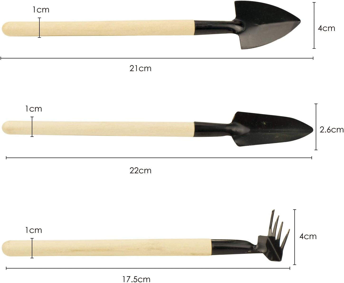 TRIXES 3 Piece Mini Garden Tool Set - Miniature Gardening Rake, Trowel and Shovel - For Seedlings, Bonsai, Succulents, Herbs, Terrariums and Planting - Wooden Handle Kit - Image 4