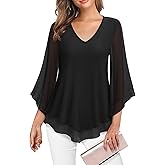 Lotusmile Womens Dressy Blouse Double Layers Mesh Shirt Ruffle 3/4 Flared Sleeve Tunic Tops