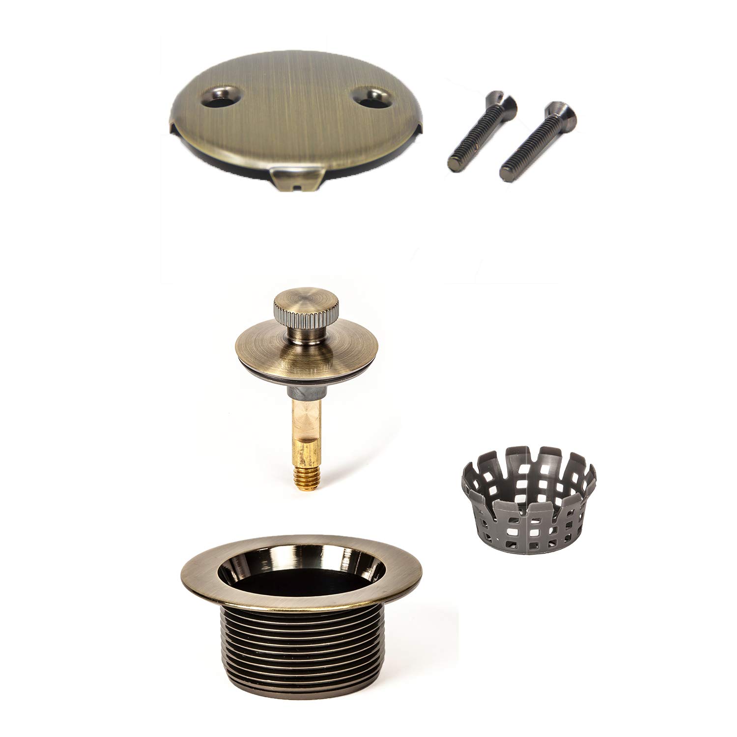 PF WaterWorks PF0967-AB Lift n Turn (Twist Close) Bath Tub Drain Assembly (Coarse Drain 11.5 TPI + Stopper + Two (2) Hole Face Plate - FREE Hair Catcher/Strainer - Eliminate Clogs Antique Brass