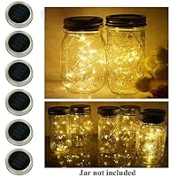 6 Pack Mason Jar Lights, 20 LED Solar Warm White Fairy String Lights Lids Insert for Garden Deck Patio Party Wedding Christmas Decorative Lighting Fit for Regular Mouth Jars