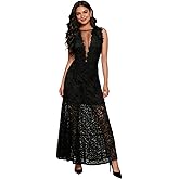 RARITYUS Women's Elegant Floral Lace Maxi Dress Sexy See Through V Neck Bodycon Long Dress Ruffle Hem Party Dresses
