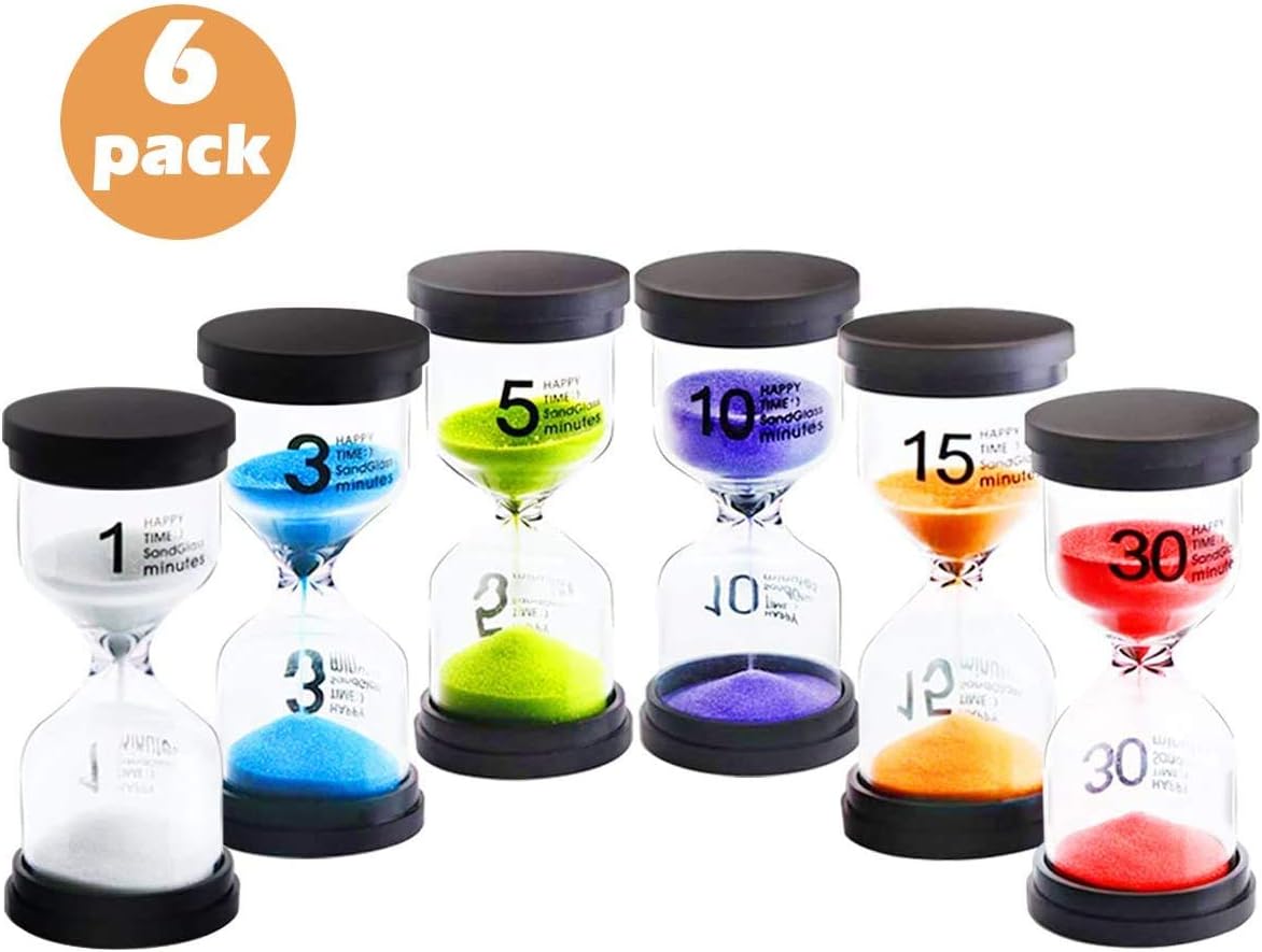 HusDow 6 Pack Sand Timer, Hourglass Timer Sandglass Sand Clock 1/3/5/10/15/30 Minutes for Kids, Classroom, Kitchen, Games, Brushing Timer, Home Office Decoration Timers
