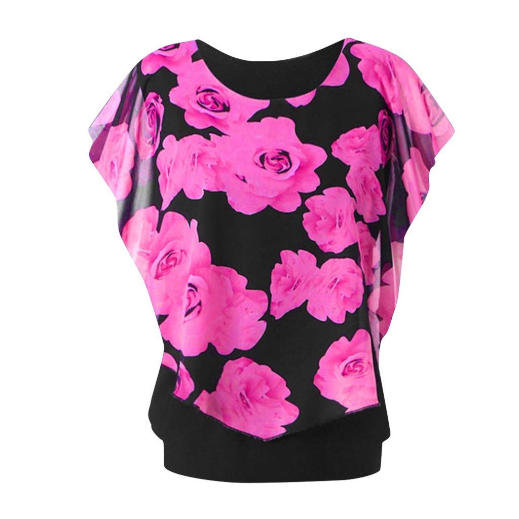 Handyulong Womens Shirts Plus Size Casual Short Sleeve Chiffon Round Neck Double Layer Casual Tunic T-Shirts Blouse Tops