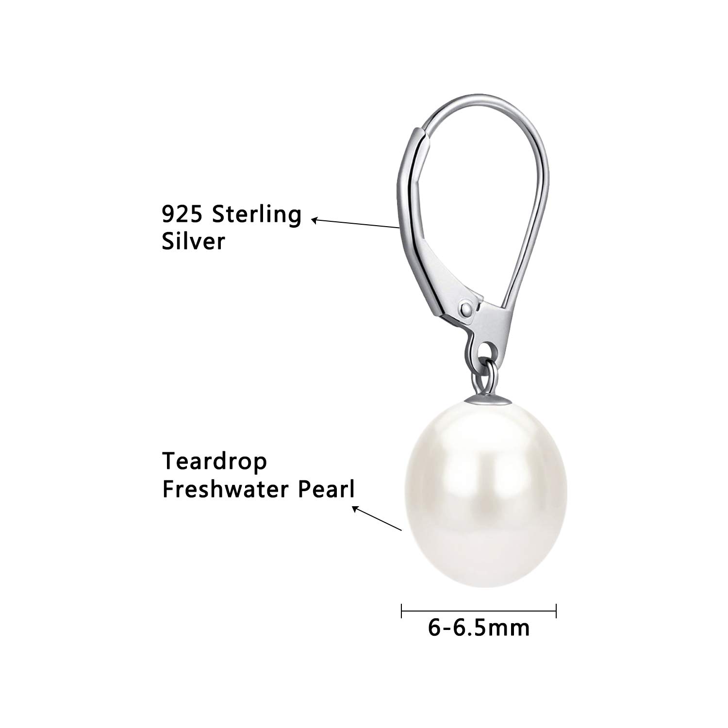 Sterling Silver 6-6.5mm Teardrop White Freshwater Cultured Pearl Leverback Dangle Earrings - AAA Quality