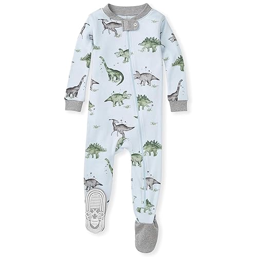 Burt's Bees Baby Baby Boys Pajamas, Zipfront Nonslip Footed Pjs, Organic Cotton Baby and Toddler Sleepers, Happy Herbivores, 24 Months US