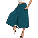 lionstill Women's High-Waisted Relaxed Fit Capri Culottes Flowy Palazzo Pants with Practical Pockets Skirt Pant, Teal, 2XL
