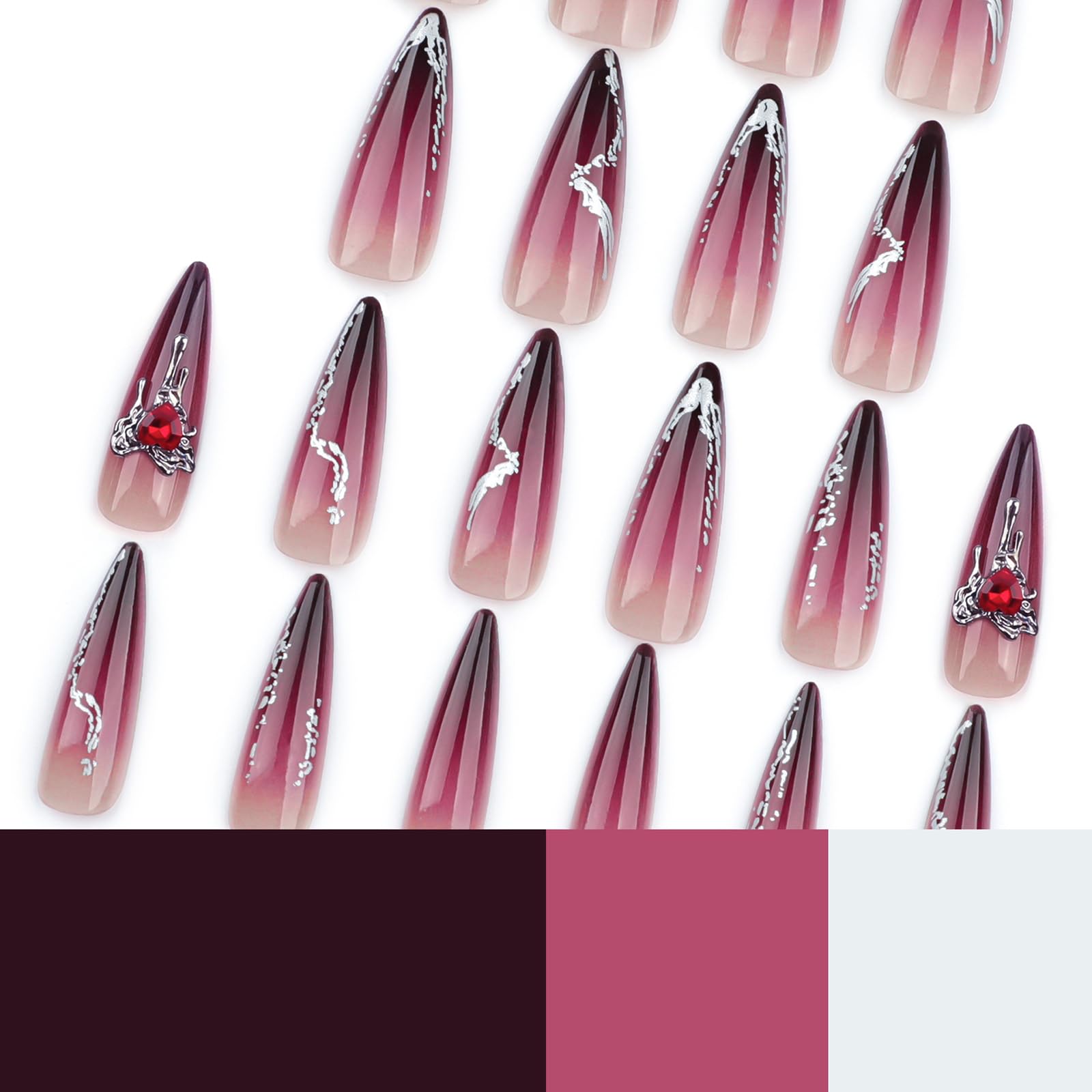 24 Pcs Dark Red Press on Nails Long Almond Fake Nails with Glitter Rhinestones Design Reusable False Nails Kit Acrylic Nails Press ons Artificial Stiletto Nails Full Cover Stick on Nails for Women - Image 2