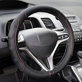 Motor Trend GripDrive Faux Black Leather Steering Wheel Cover for Car Truck Van SUV, Small 14 inch Size, Red Accent Stitched Car Steering Wheel Cover Vehicle & Auto Accessories