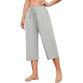 Larmliss Womens Capri Pants Loose Wide Leg Drawstring Elastic Waist Casual Lounge Cropped Pants Light Gray